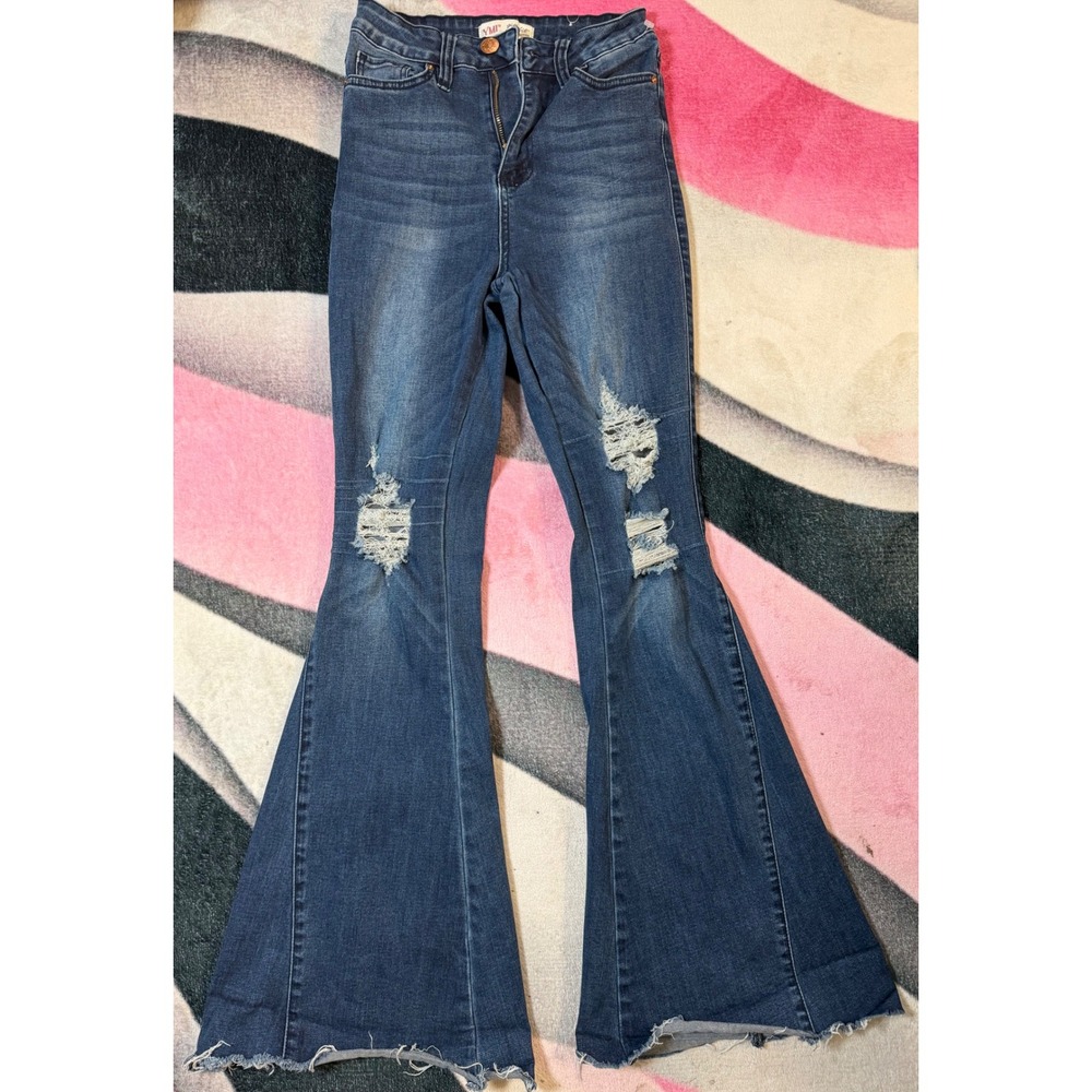YMI Gigi Fit Distressed Flare Jeans Blue High Rise Bell Bottom Raw Hem Size 3/26